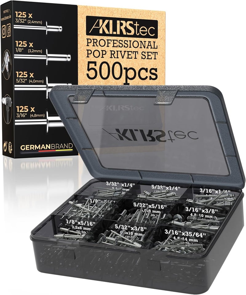 KLRStec Professional Pop Rivets Assortment Kit [500pcs] Aluminum Rivets for Rivet Guns 125pcs Each Size (3/64“ 1/8“ 5/32“ 3/16“) - Image 1